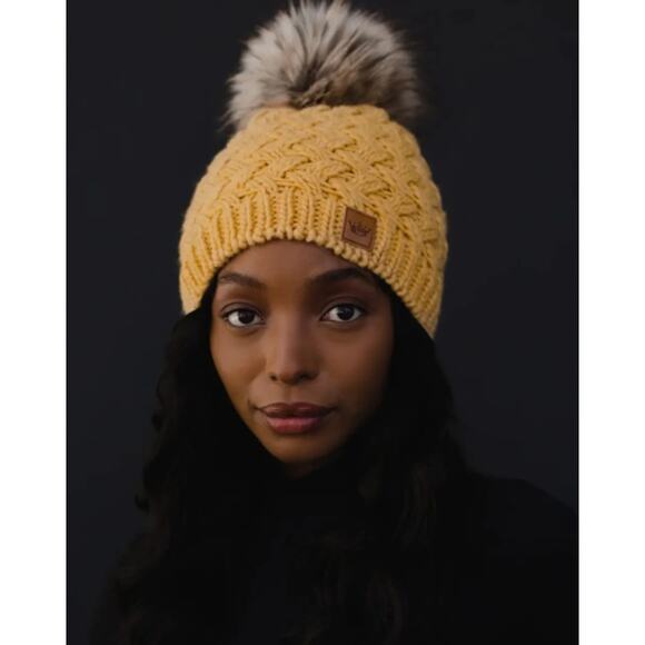NWOT Panache Braided Cable Knit Hat in Mustard with Pom Pom - Picture 1 of 8